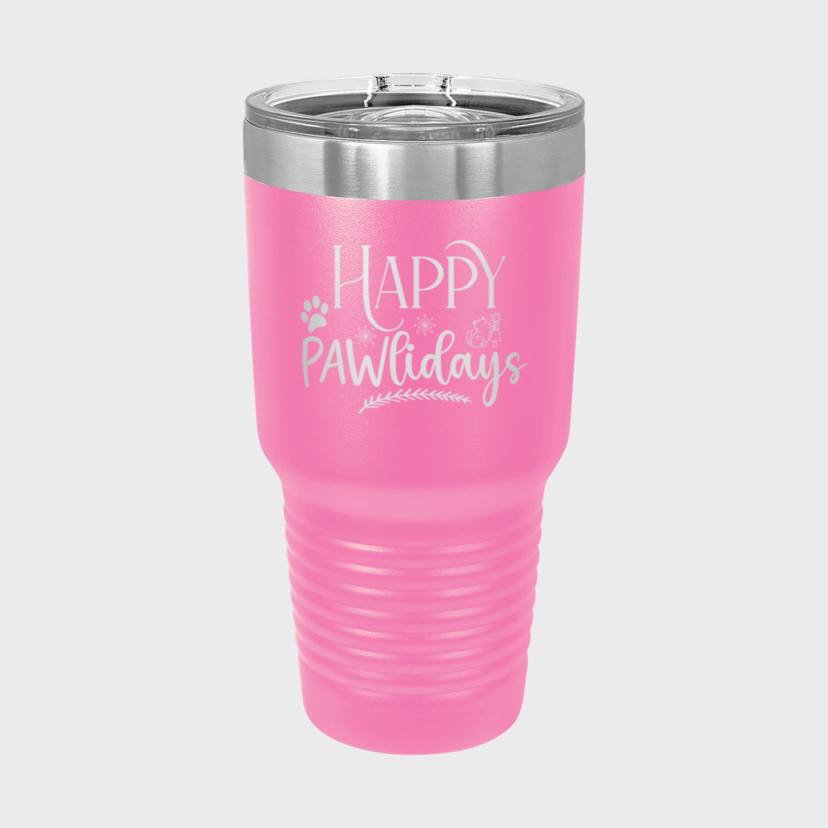 Pink 30 oz tumbler laser engraved with "Happy Pawlidays"