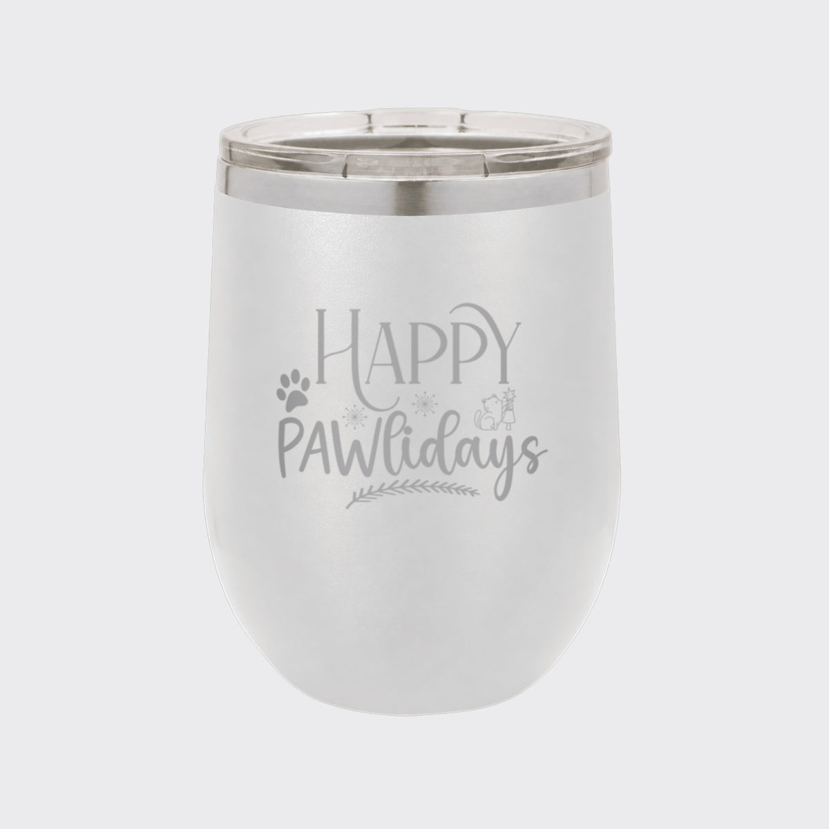 White 12 oz stemless wine tumbler laser engraved with "Happy Pawlidays"