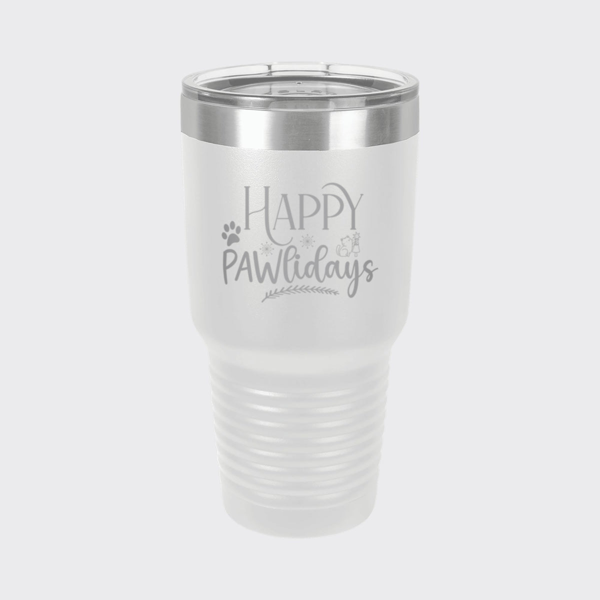 White 30 oz tumbler laser engraved with "Happy Pawlidays"
