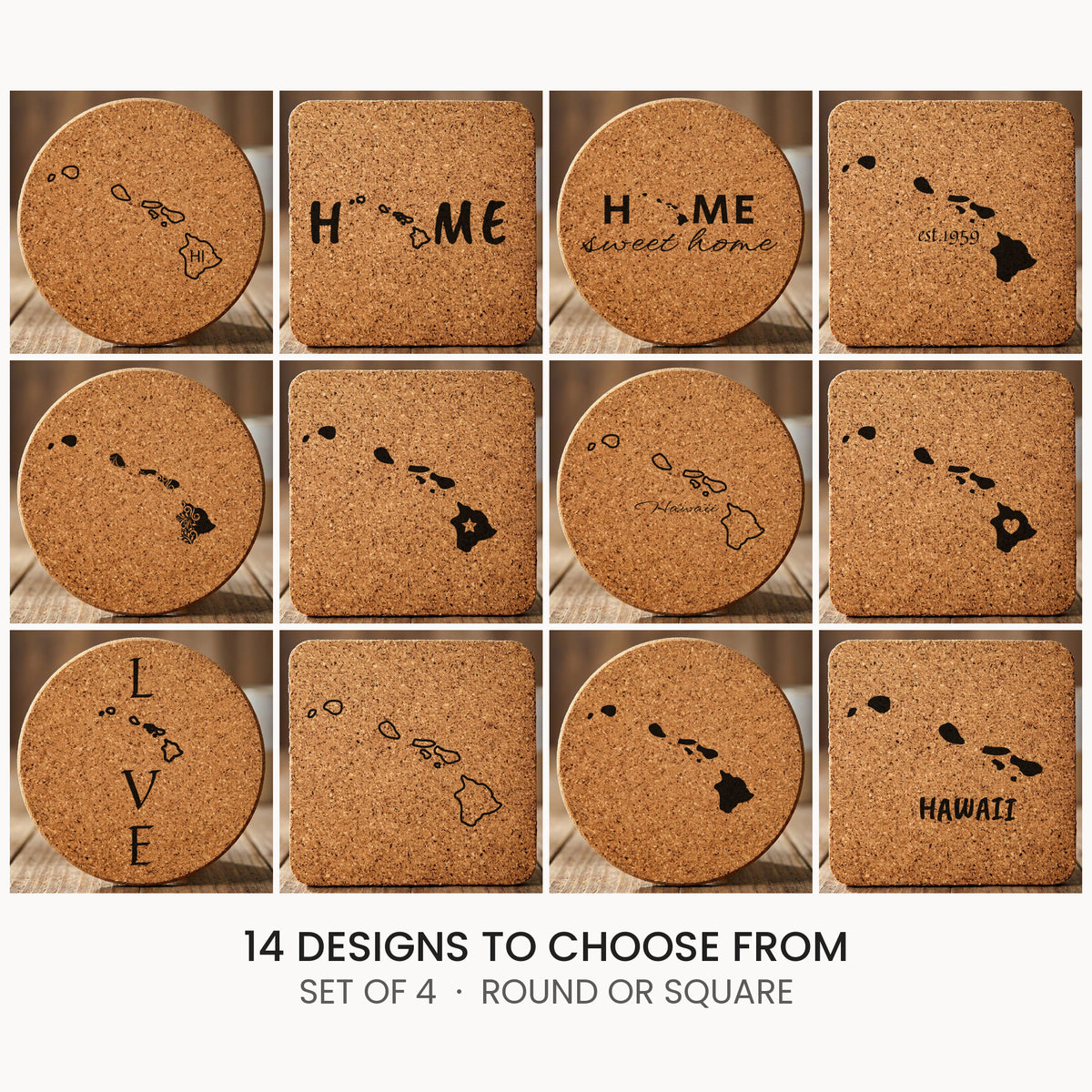 Hawaii cork coaster set, laser engraved natural cork