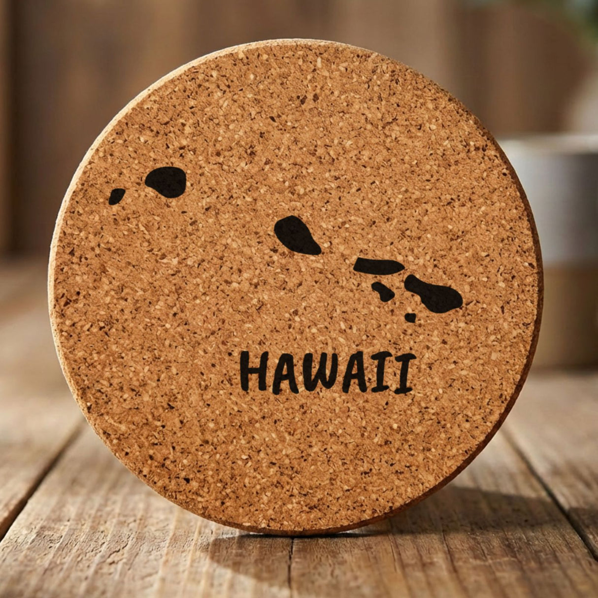 Hawaii round cork coaster engraved with the state outline and HAWAII in hand-drawn brush lettering