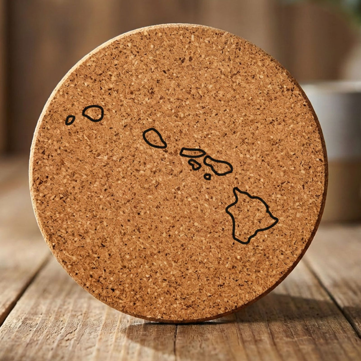 Hawaii round cork coaster engraved with a clean state outline