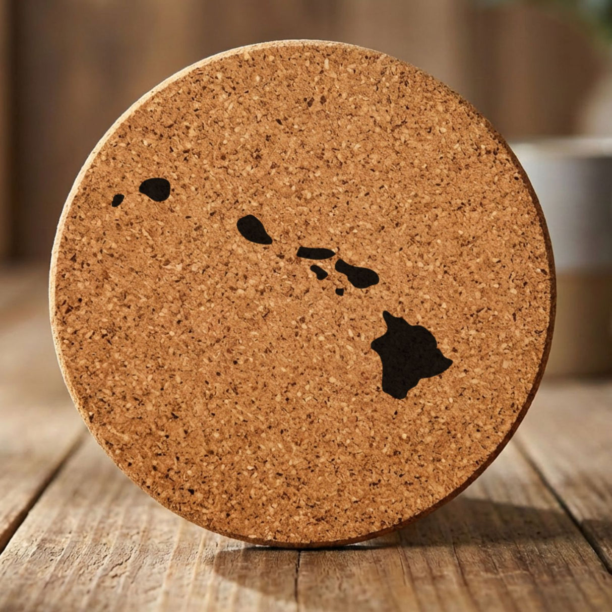 Hawaii round cork coaster with the full state shape engraved