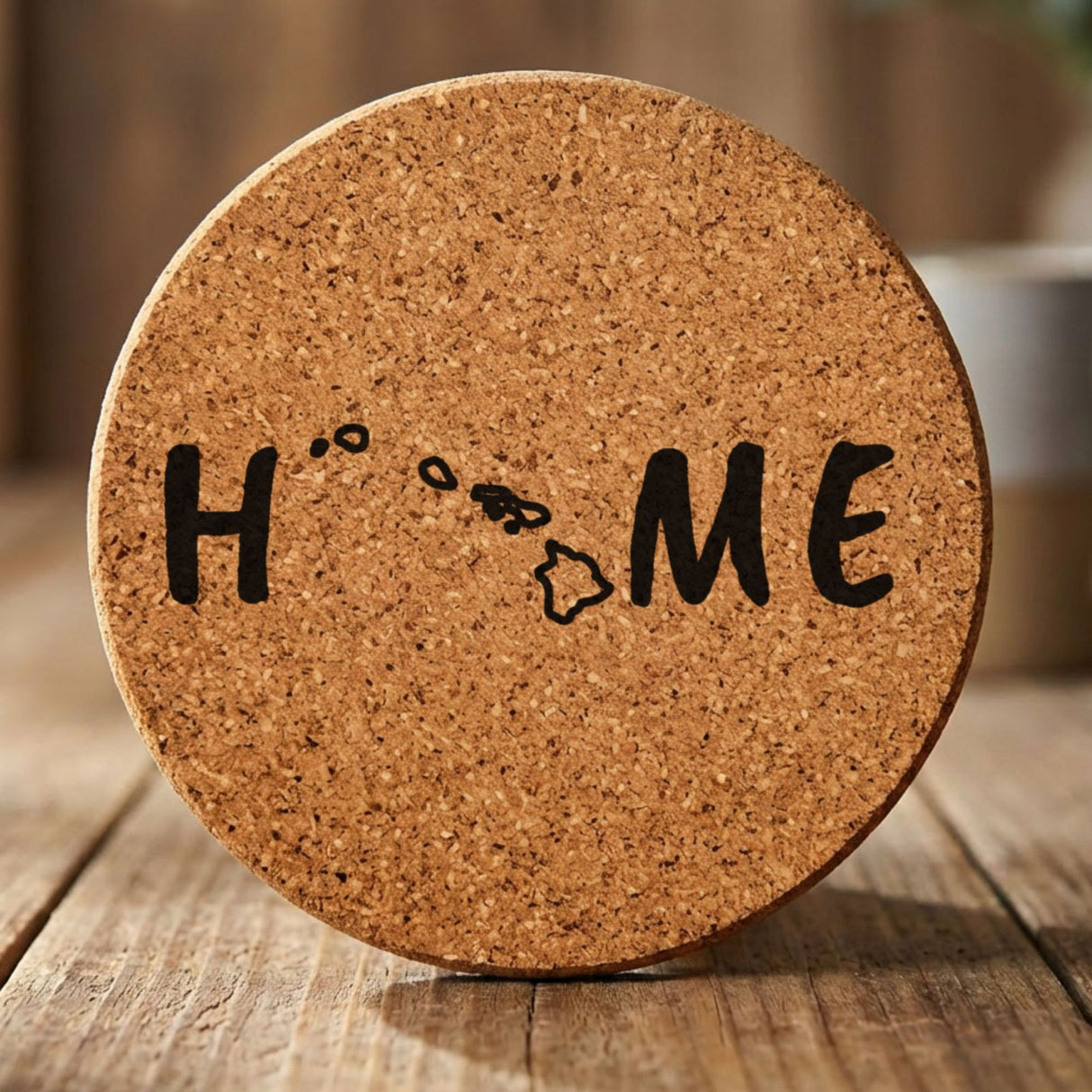 Hawaii round cork coaster engraved with HOME using the state outline as the letter O