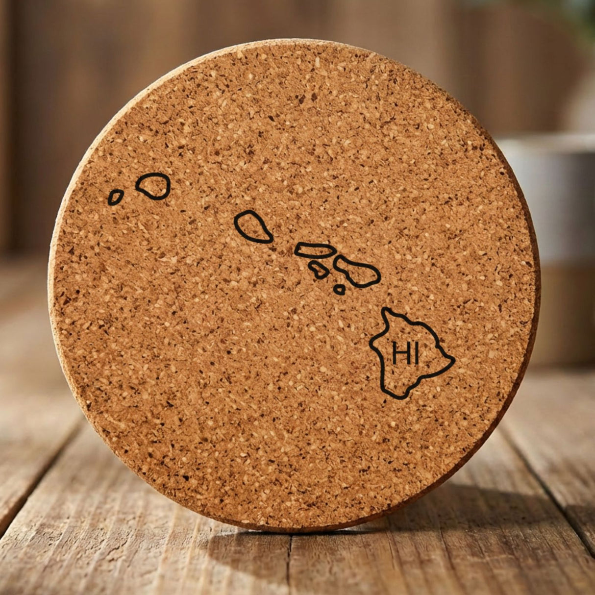 Hawaii round cork coaster engraved with the state outline and HI initials
