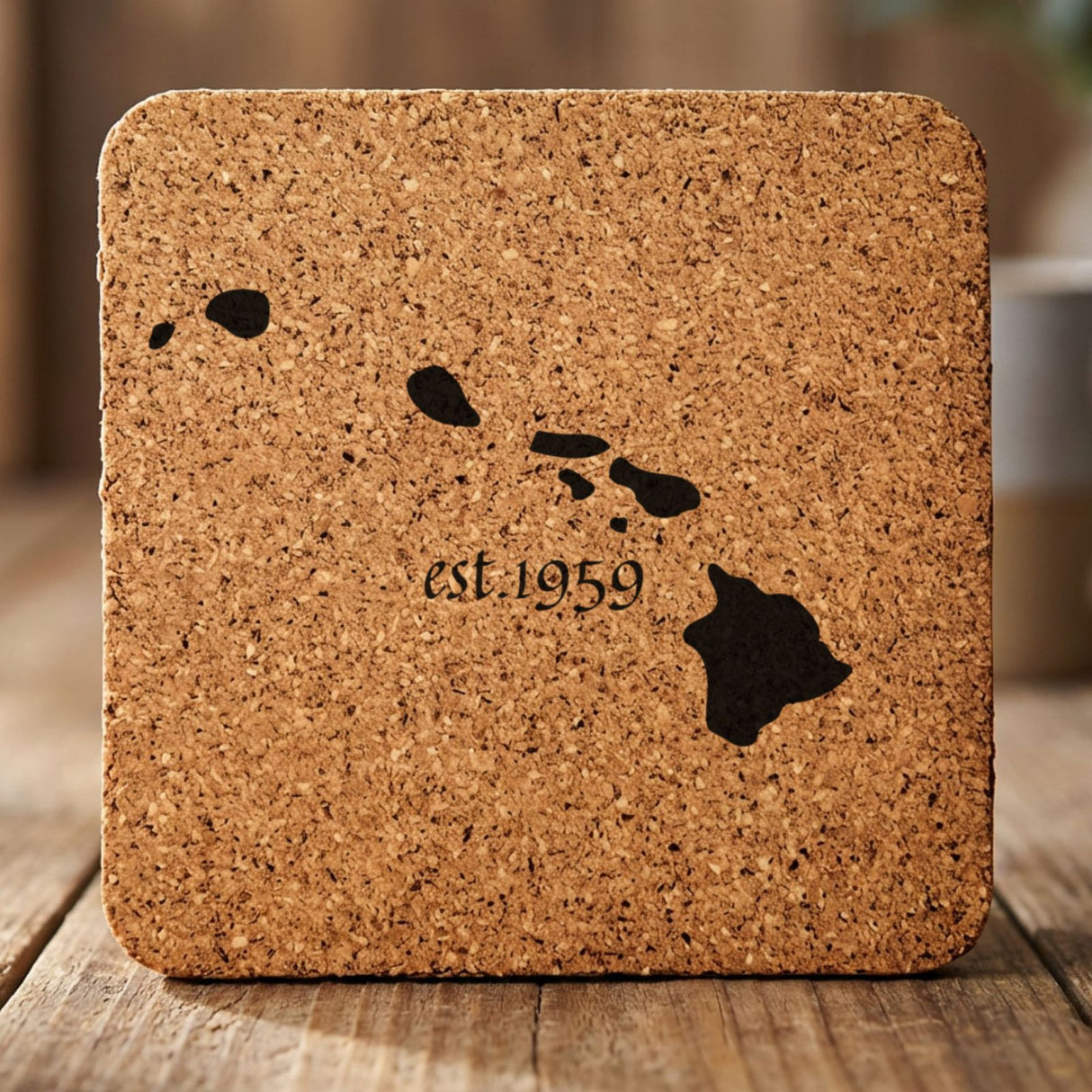 Hawaii square cork coaster engraved with the state outline and est. 1959