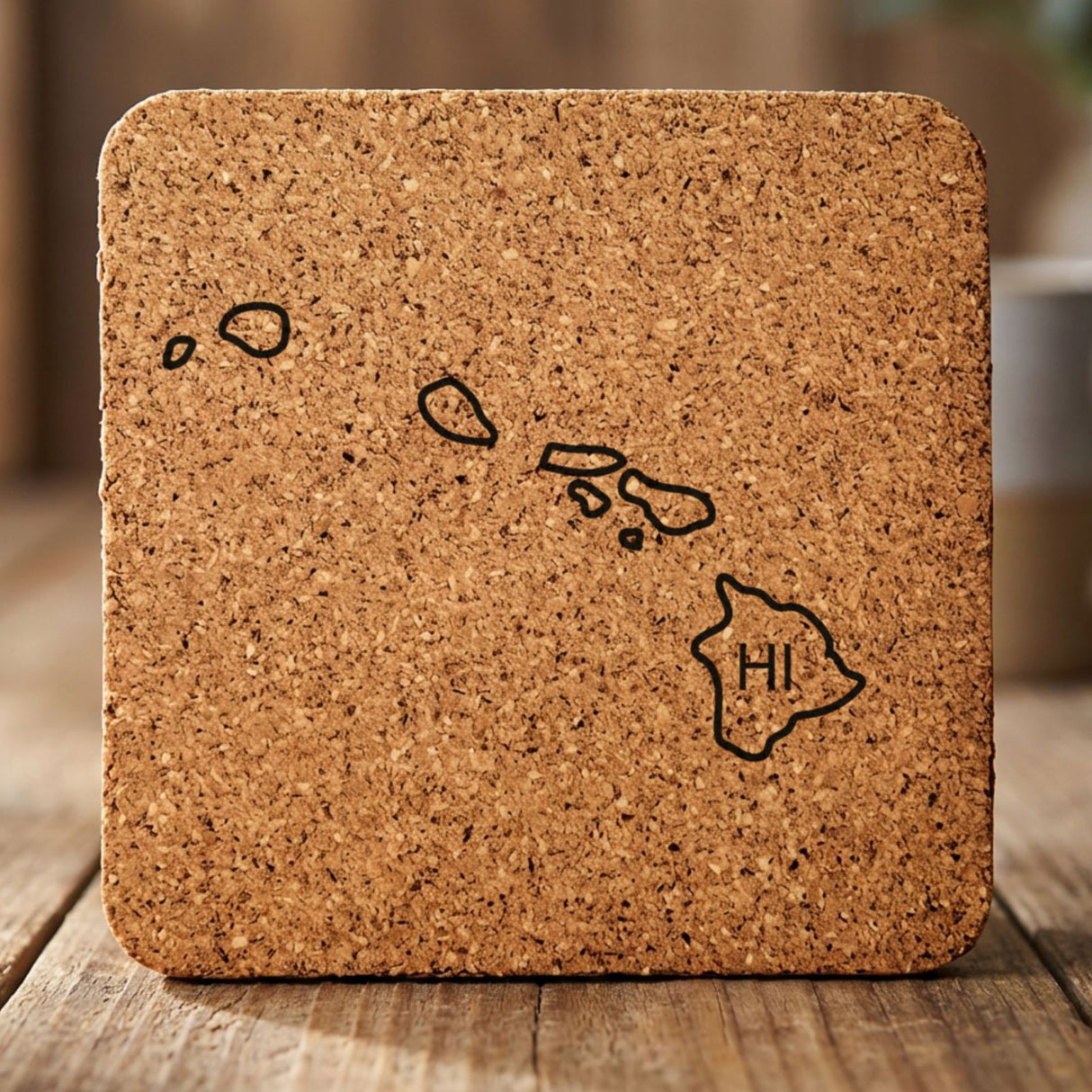 Hawaii square cork coaster engraved with the state outline and HI initials