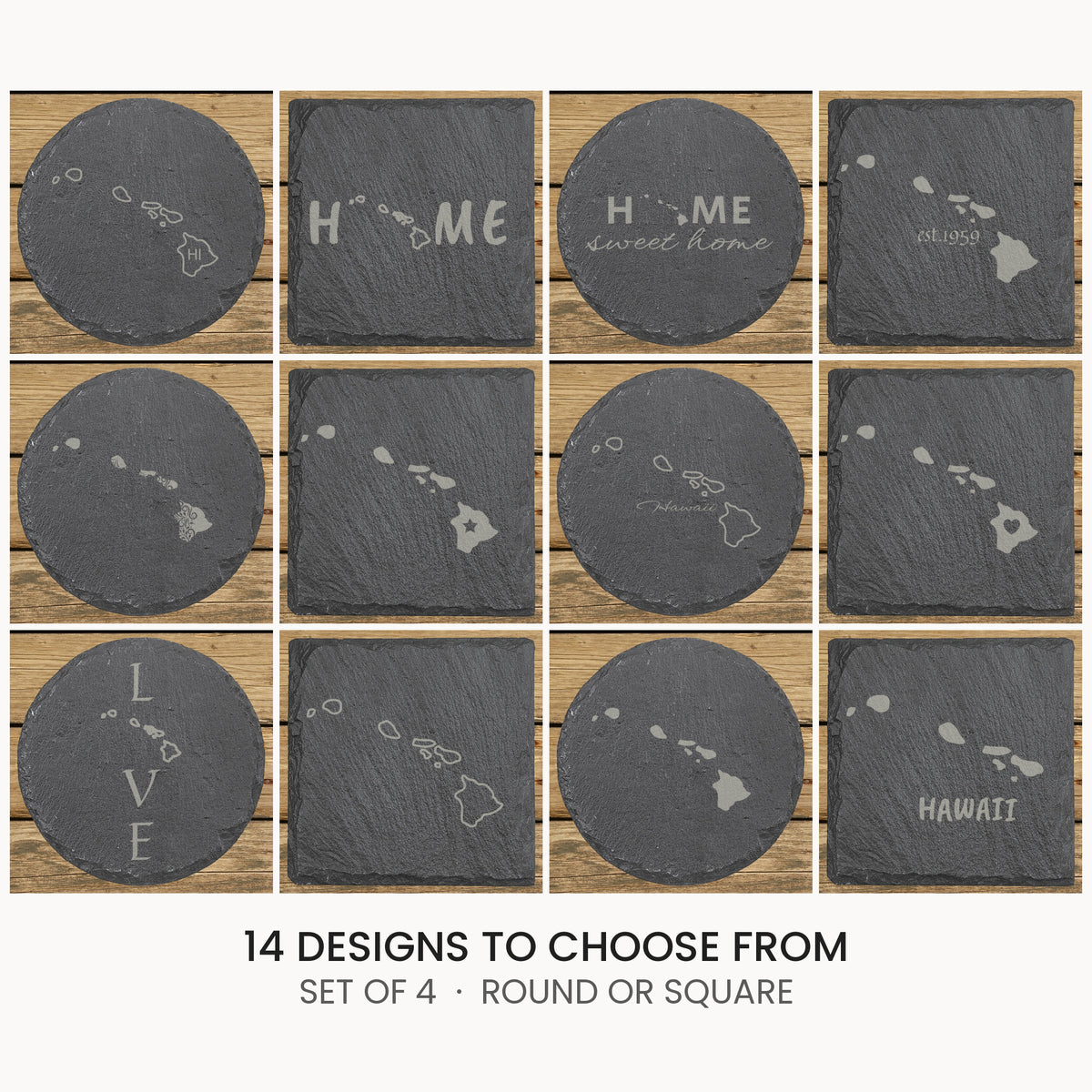 Hawaii slate coaster set, laser engraved natural stone