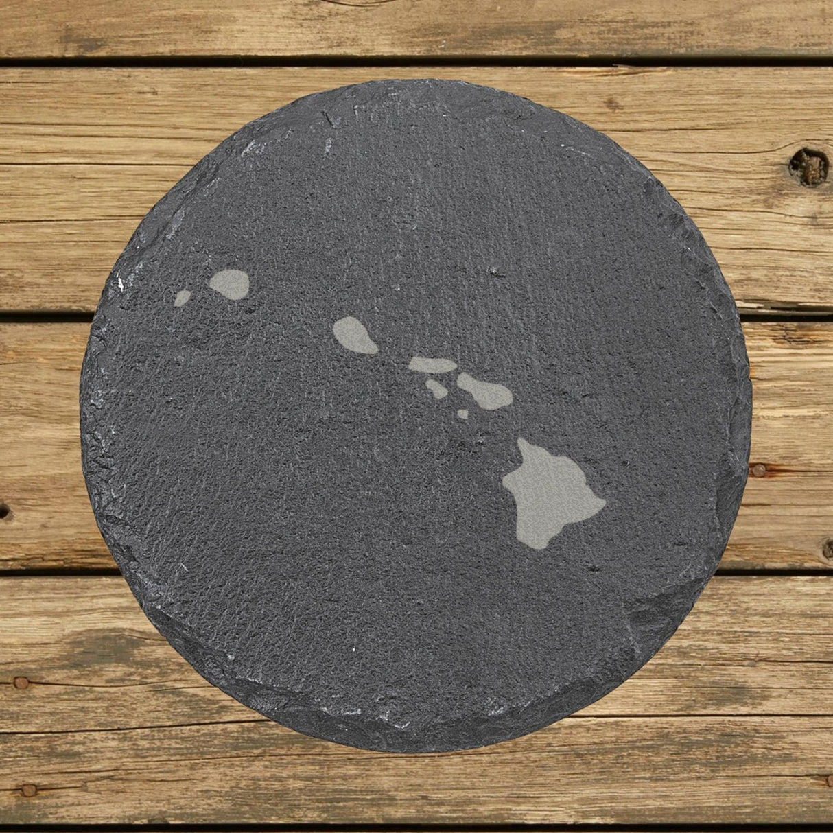 Hawaii round slate coaster with the full state shape engraved
