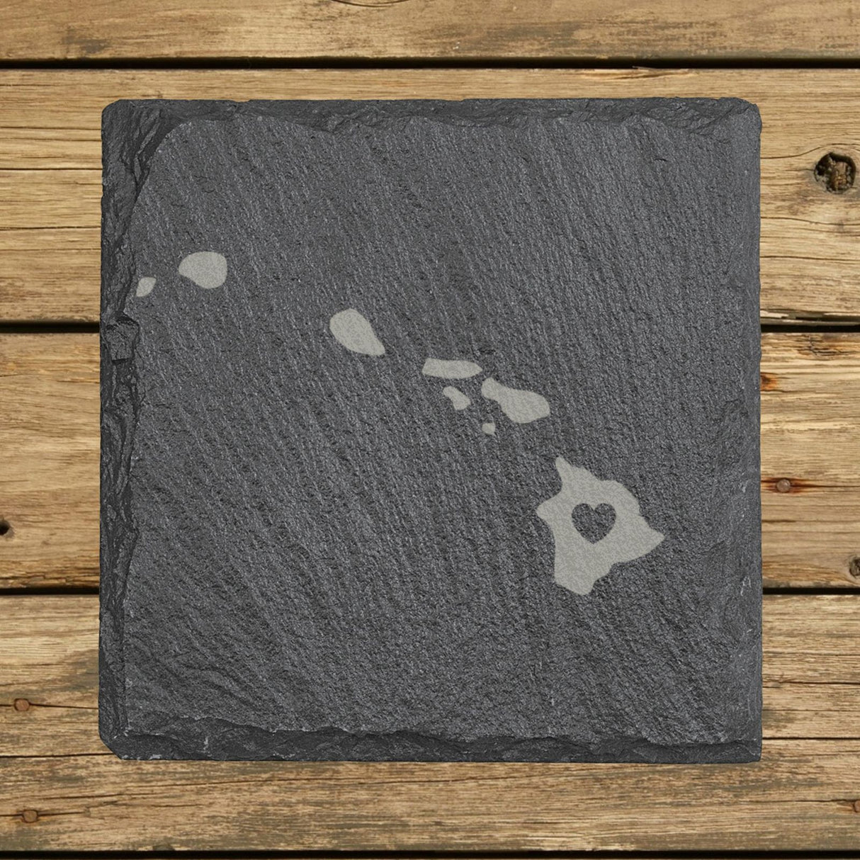 Hawaii square slate coaster engraved with the state shape and a heart