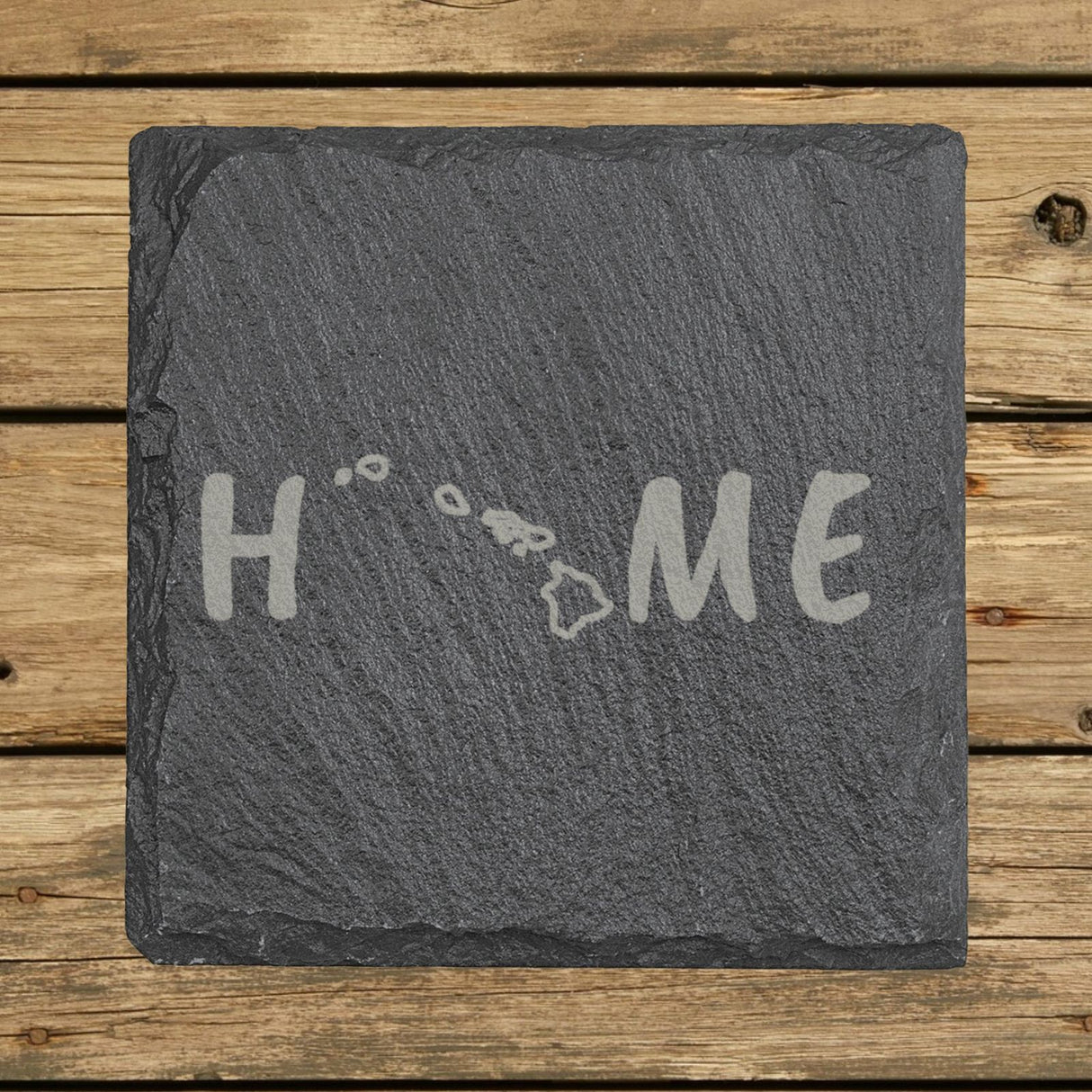 Hawaii square slate coaster engraved with HOME using the state outline as the letter O