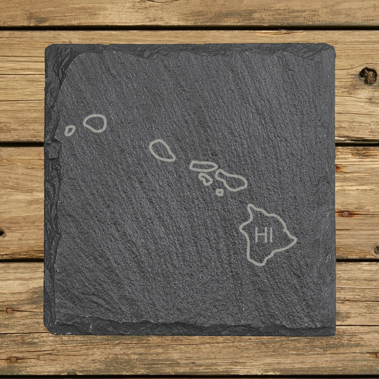 Hawaii square slate coaster engraved with the state outline and HI initials