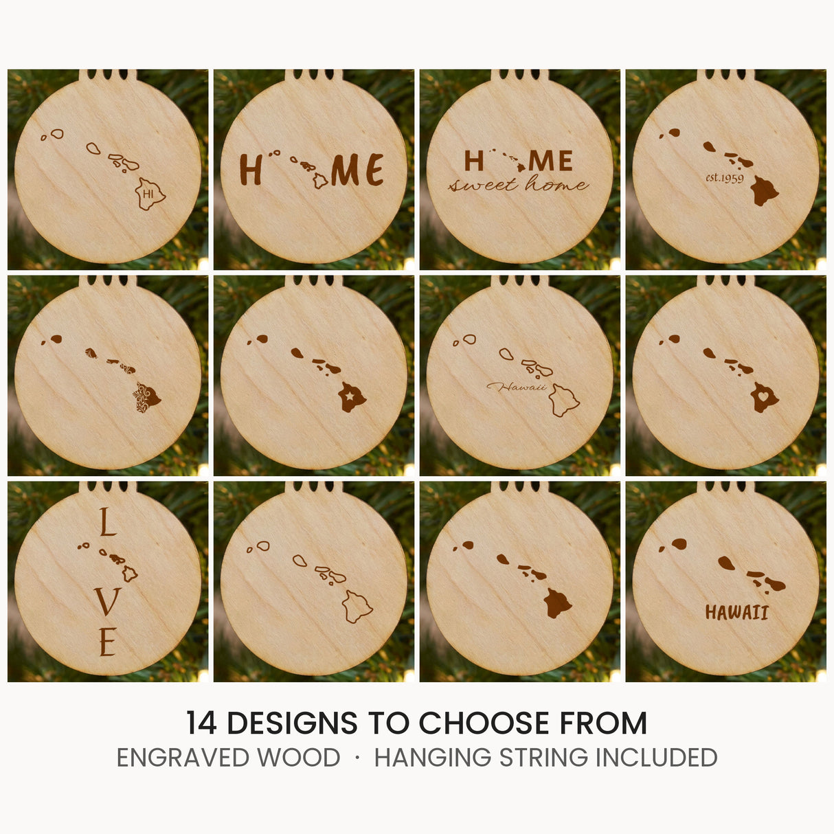 Hawaii wood Christmas ornament, laser engraved natural wood