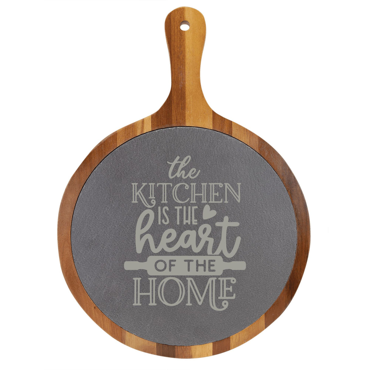 "The Kitchen is the Heart of the Home" Round Acacia Wood/Slate Cutting Board - Laser Engraved