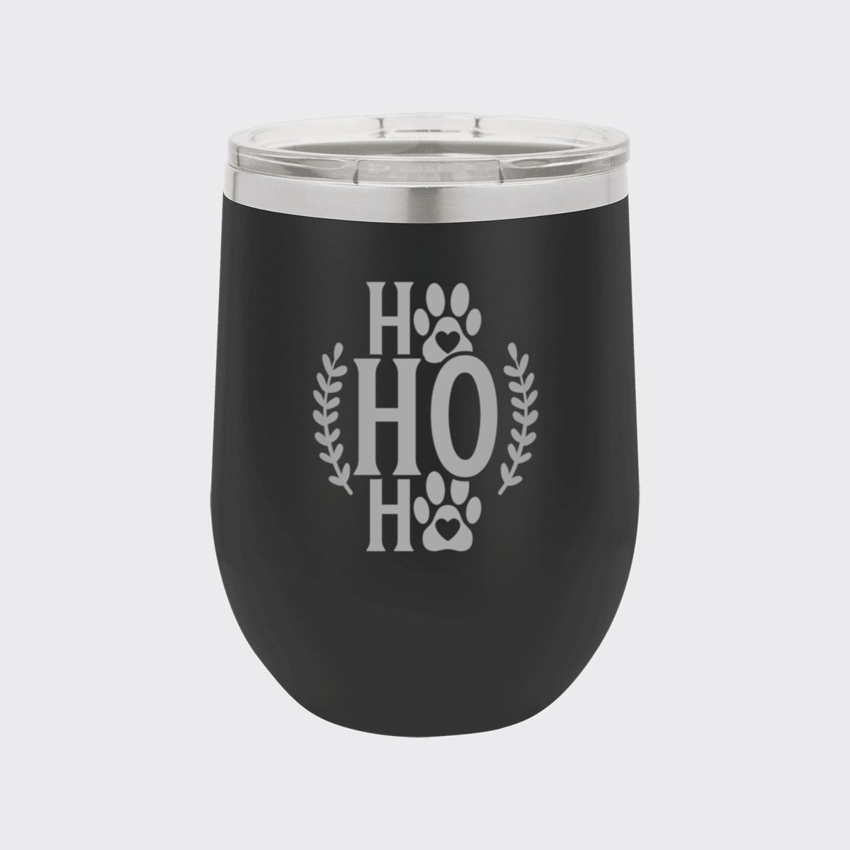 Black 12 oz stemless wine tumbler laser engraved with "Ho Ho Ho"