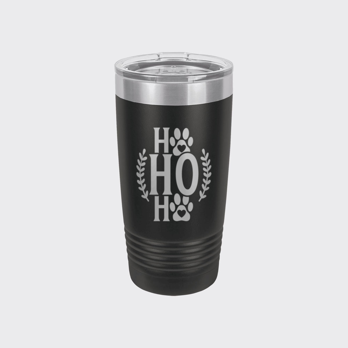 Black 20 oz tumbler laser engraved with "Ho Ho Ho"