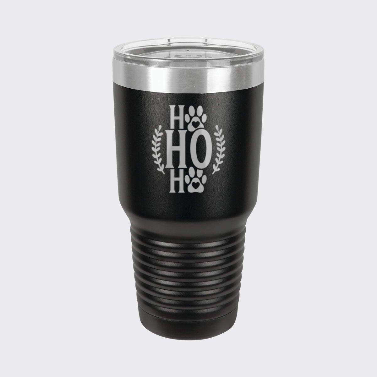 Black 30 oz tumbler laser engraved with "Ho Ho Ho"