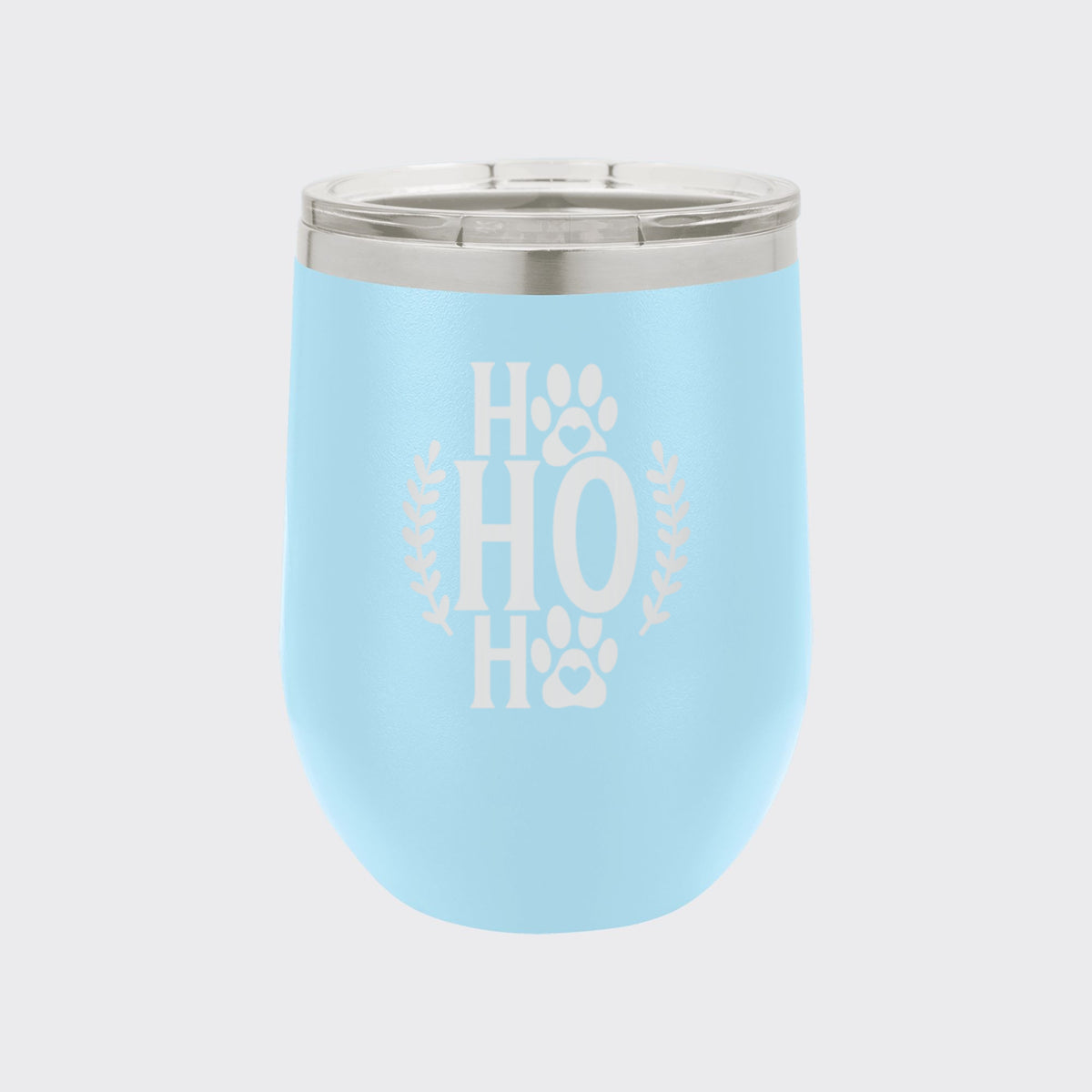 Light Blue 12 oz stemless wine tumbler laser engraved with "Ho Ho Ho"