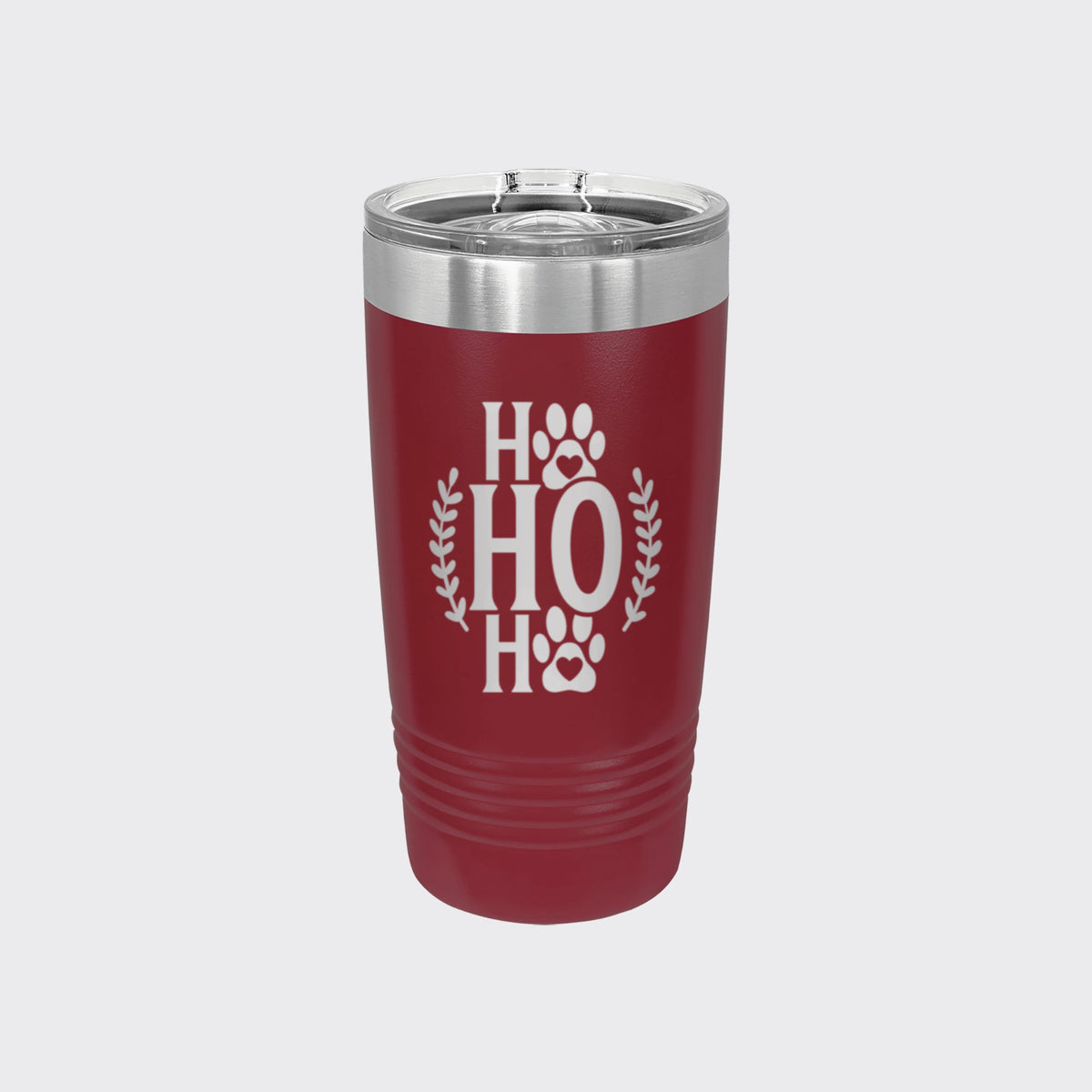 Maroon 20 oz tumbler laser engraved with "Ho Ho Ho"