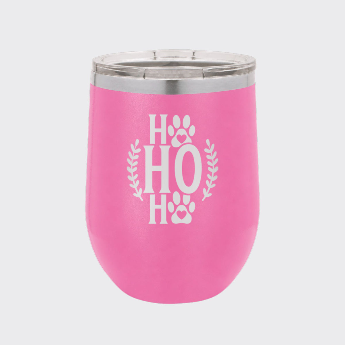 Pink 12 oz stemless wine tumbler laser engraved with "Ho Ho Ho"