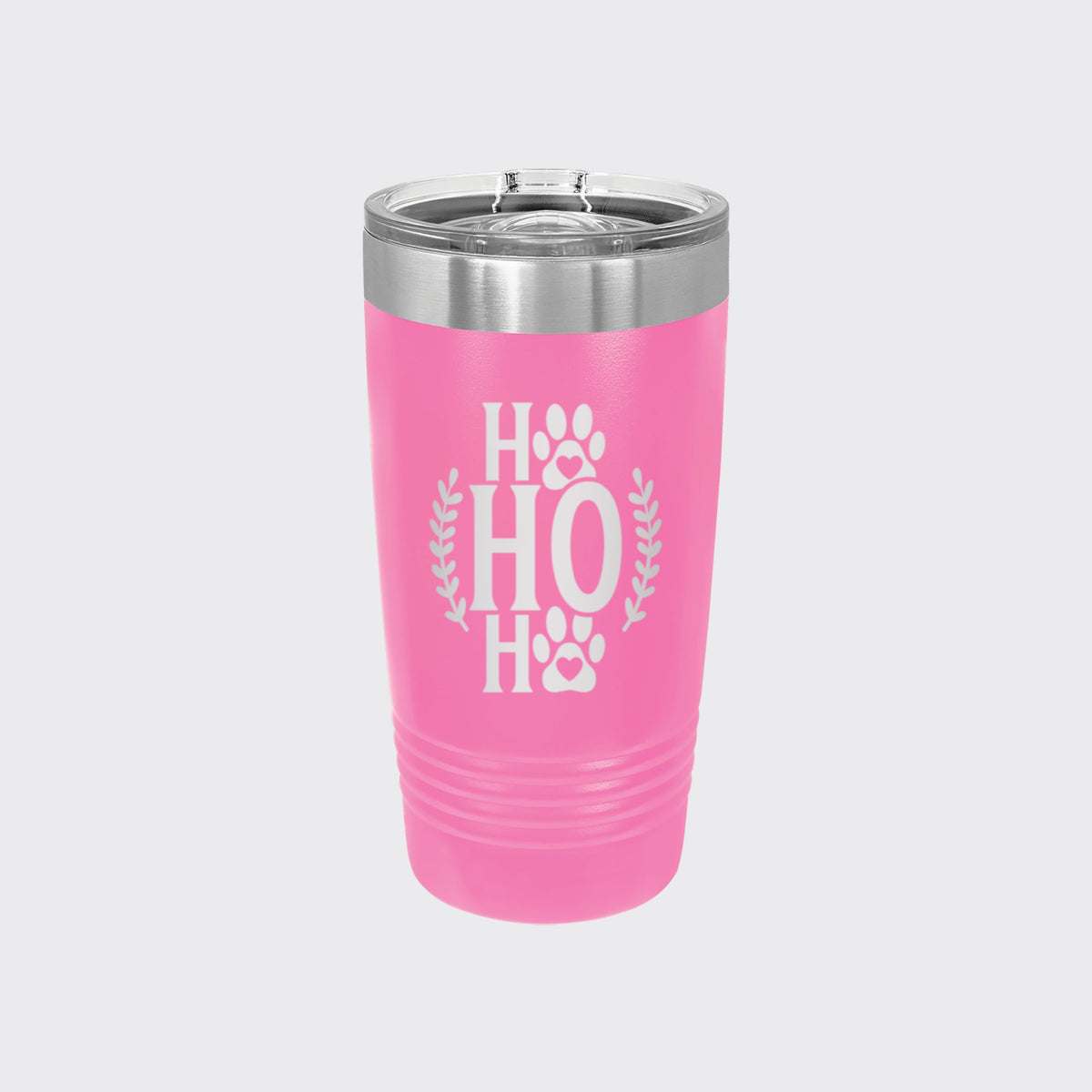 Pink 20 oz tumbler laser engraved with "Ho Ho Ho"