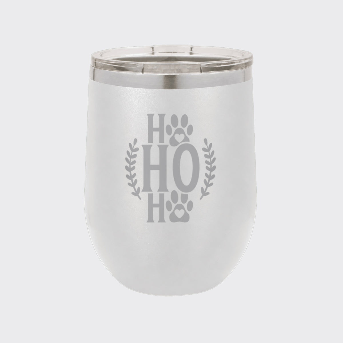 White 12 oz stemless wine tumbler laser engraved with "Ho Ho Ho"