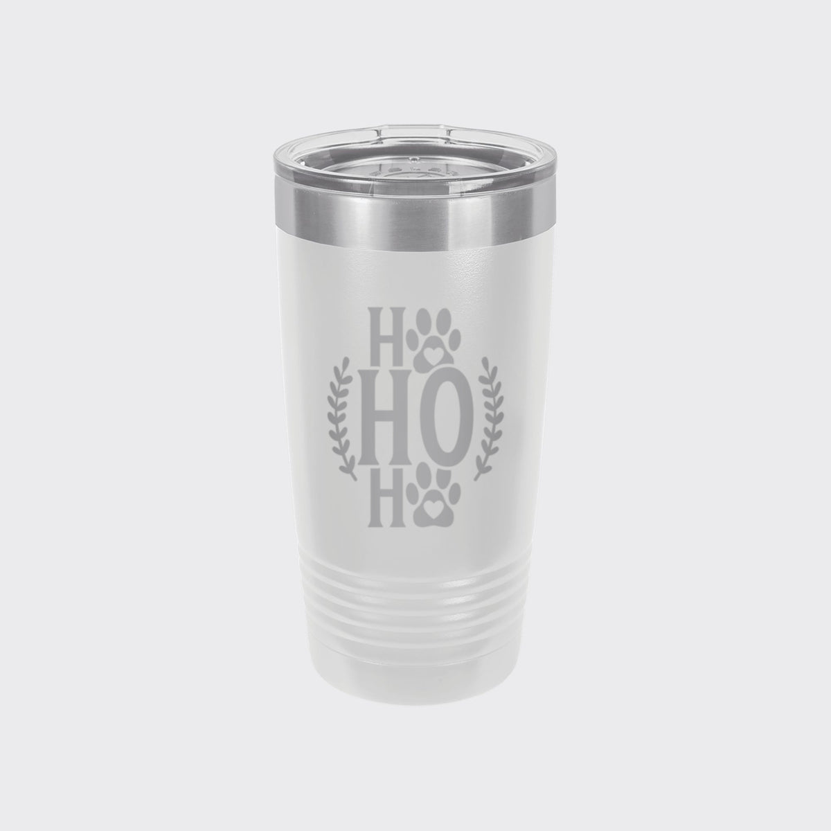 White 20 oz tumbler laser engraved with "Ho Ho Ho"