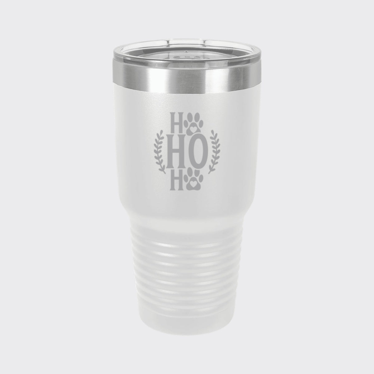 White 30 oz tumbler laser engraved with "Ho Ho Ho"