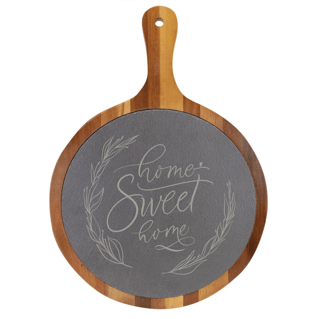 "Home Sweet Home" Round Acacia Wood/Slate Cutting Board - Laser Engraved