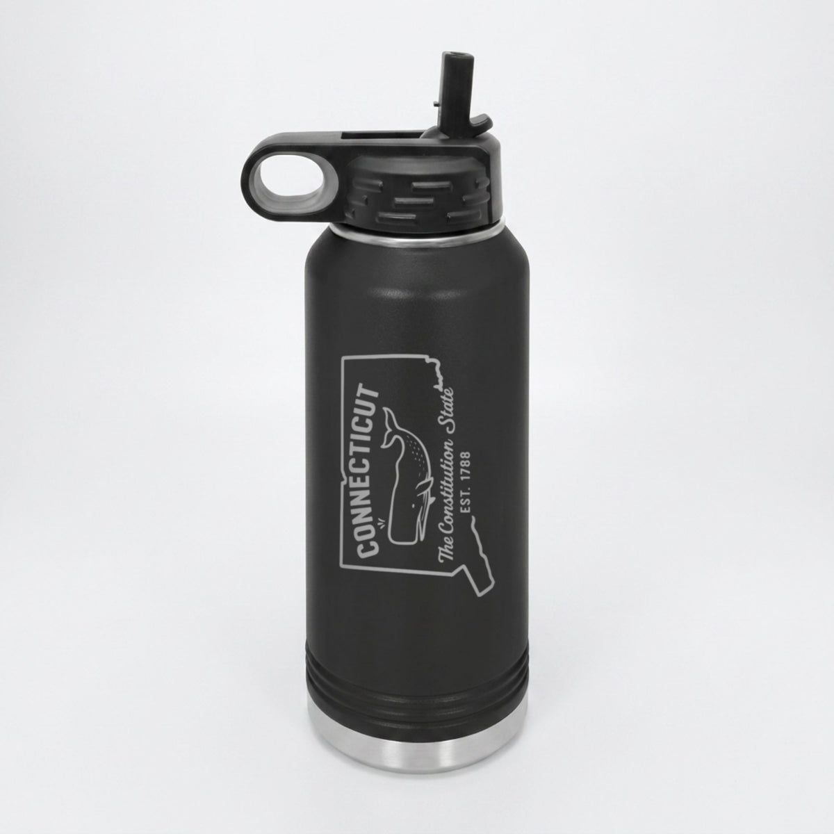 Black 32 oz insulated water bottle laser engraved with a Connecticut design of a sperm whale