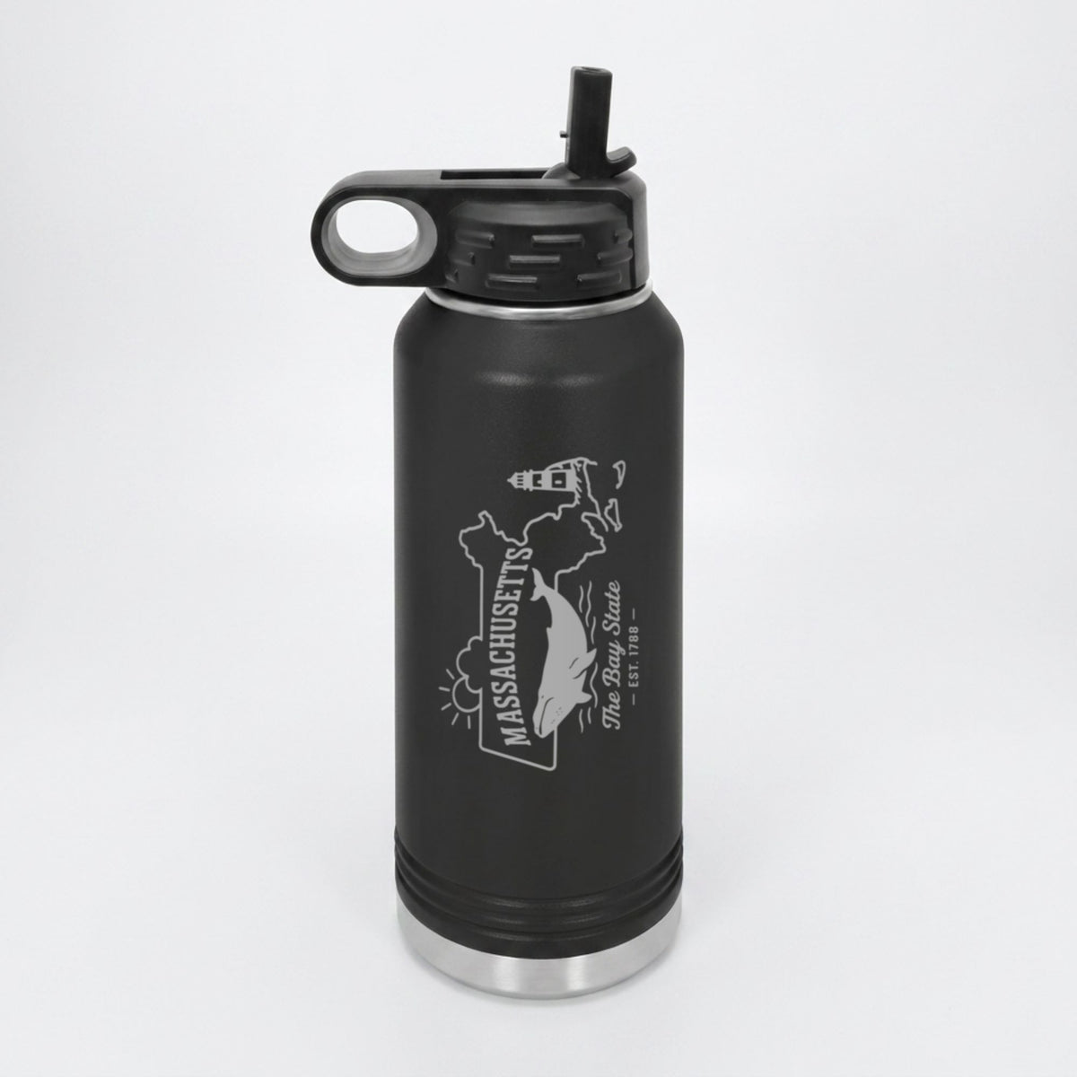 Black 32 oz insulated water bottle laser engraved with a Massachusetts design of a whale, a lighthouse and the sun over Cape Cod and the islands