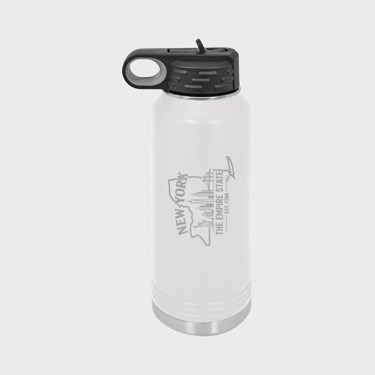 White 32 oz insulated water bottle laser engraved with a New York design of the Statue of Liberty and the Manhattan skyline