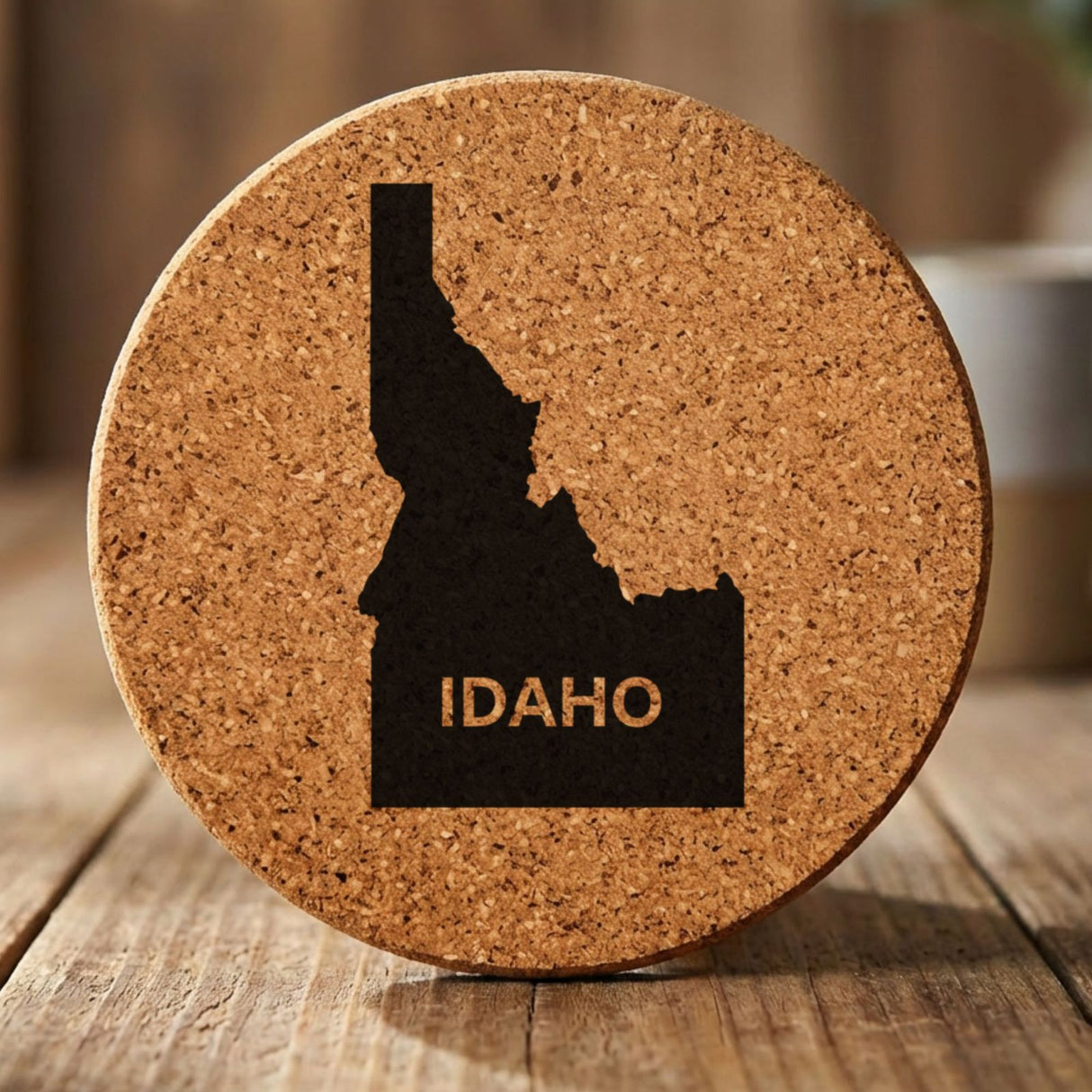 Idaho round cork coaster engraved with the state shape and IDAHO in bold lettering