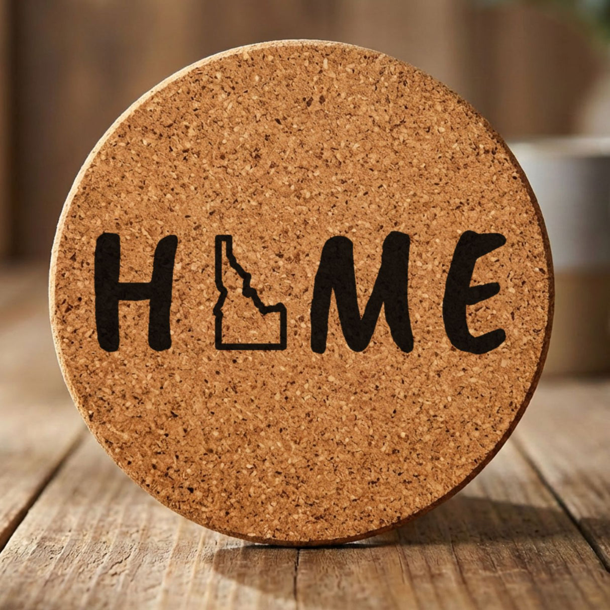 Idaho round cork coaster engraved with HOME using the state outline as the letter O