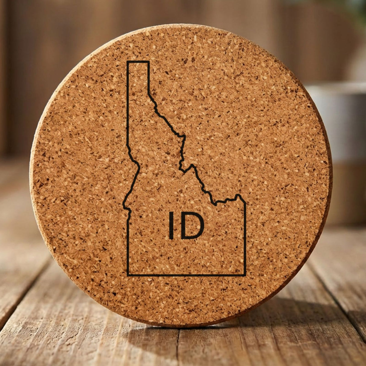 Idaho round cork coaster engraved with the state outline and ID initials