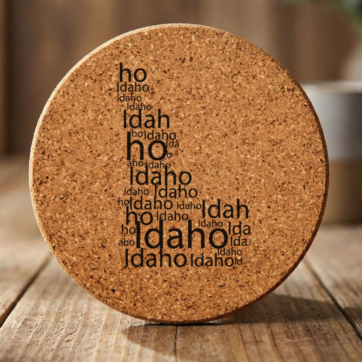 Idaho round cork coaster engraved with a word cloud of repeating Idaho text