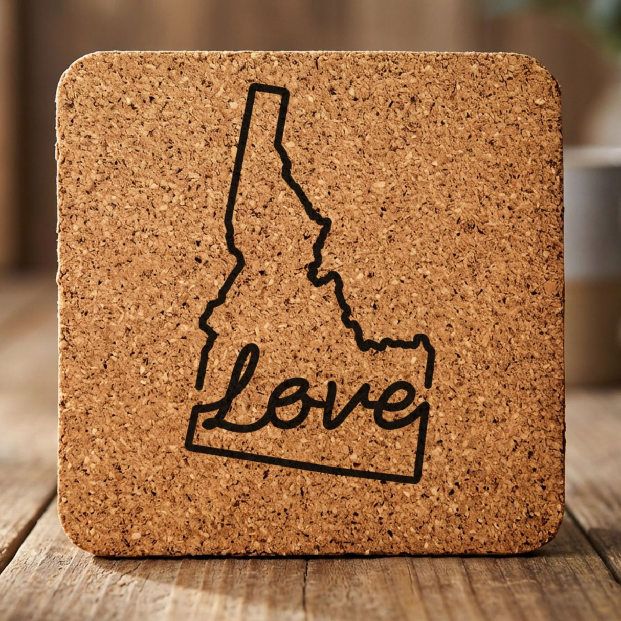 Idaho square cork coaster engraved with a hand-drawn state outline and love in cursive