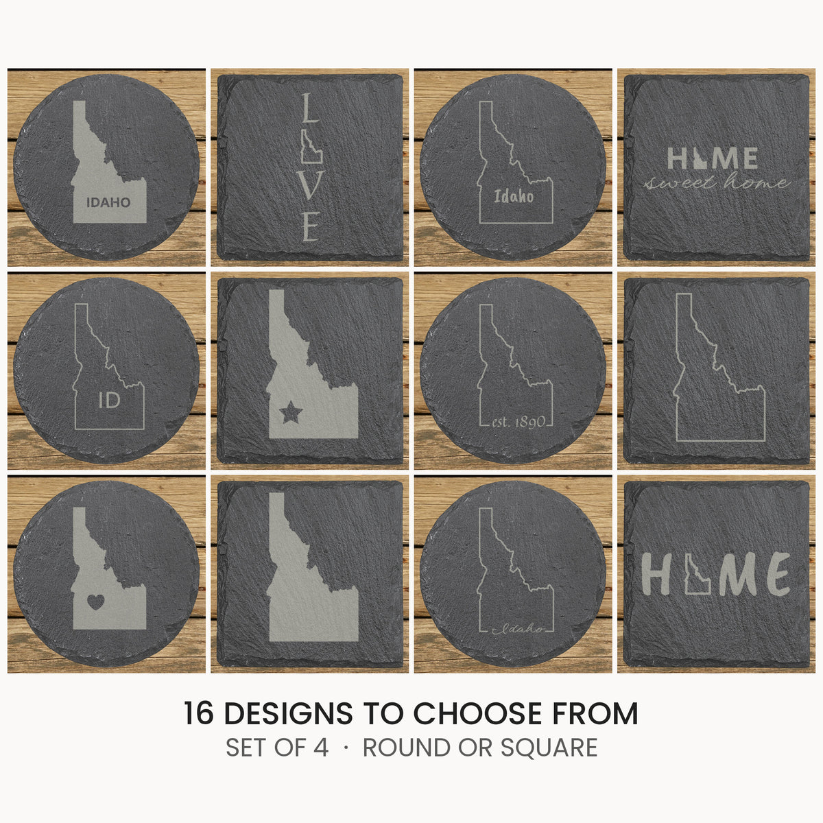 Idaho slate coaster set, laser engraved natural stone
