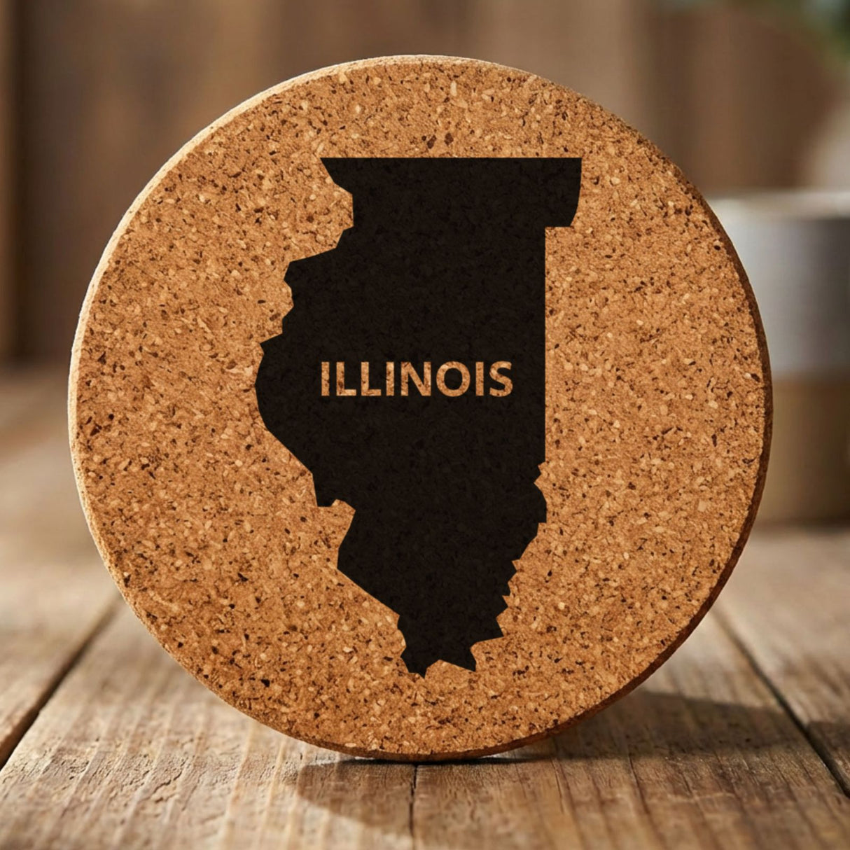 Illinois round cork coaster engraved with the state shape and ILLINOIS in bold lettering