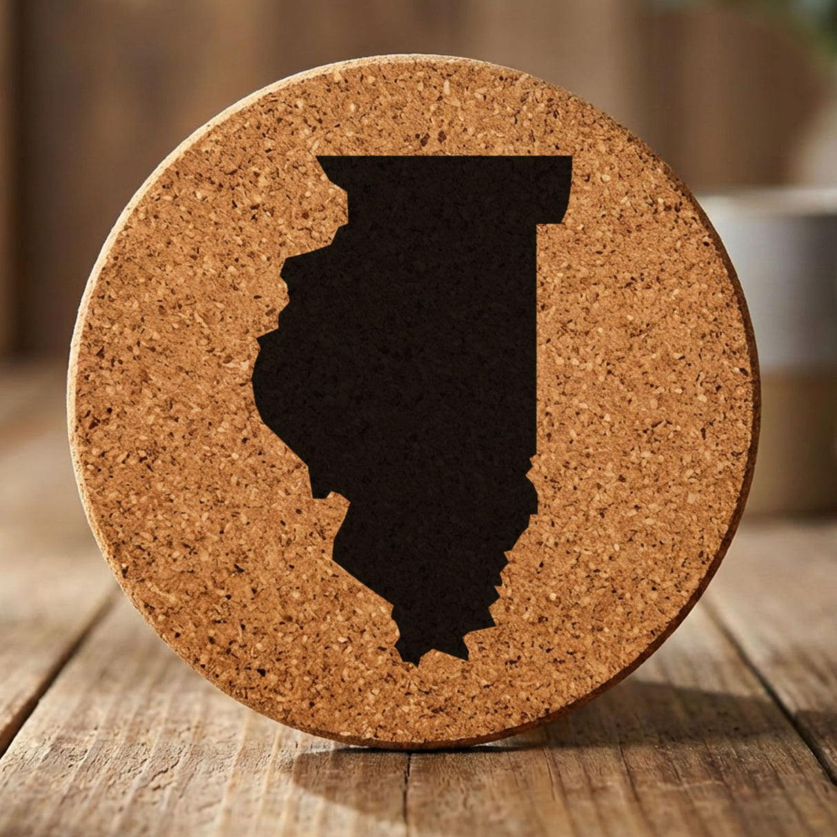 Illinois round cork coaster with the full state shape engraved