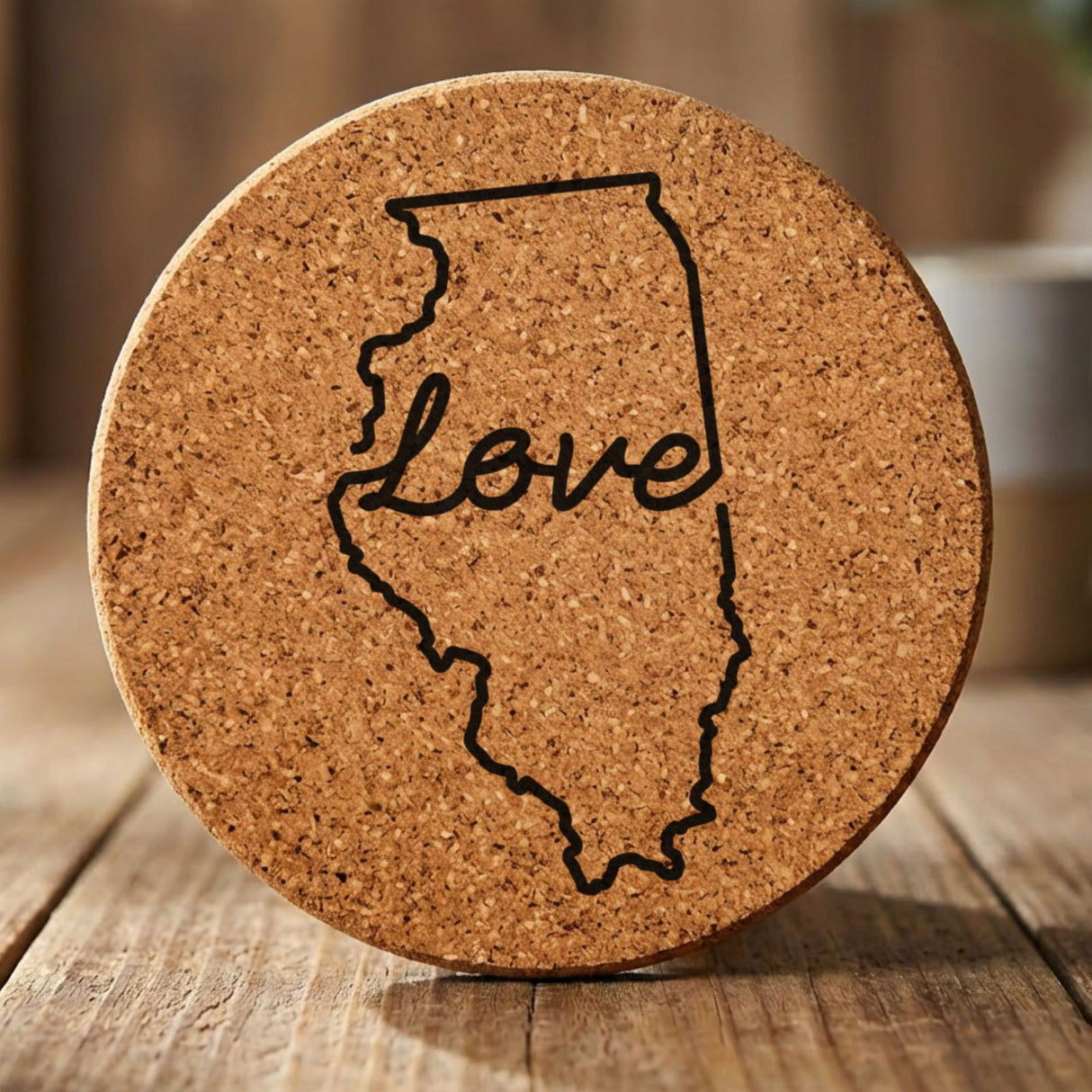 Illinois round cork coaster engraved with a hand-drawn state outline and love in cursive