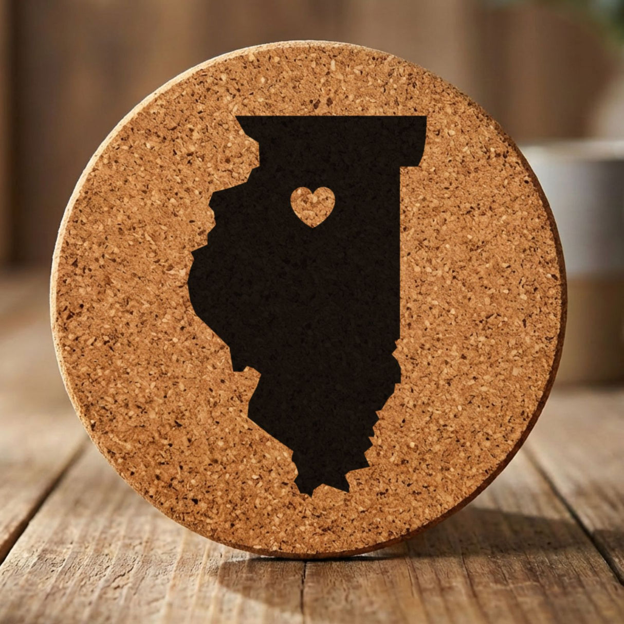 Illinois round cork coaster engraved with the state shape and a heart