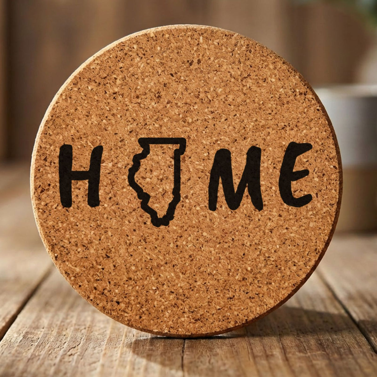 Illinois round cork coaster engraved with HOME using the state outline as the letter O