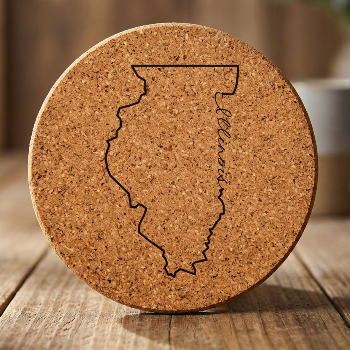Illinois round cork coaster engraved with the state outline and Illinois in script lettering