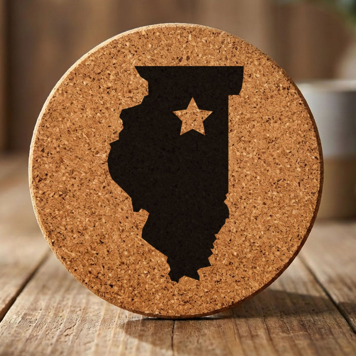 Illinois round cork coaster engraved with the state shape and a star