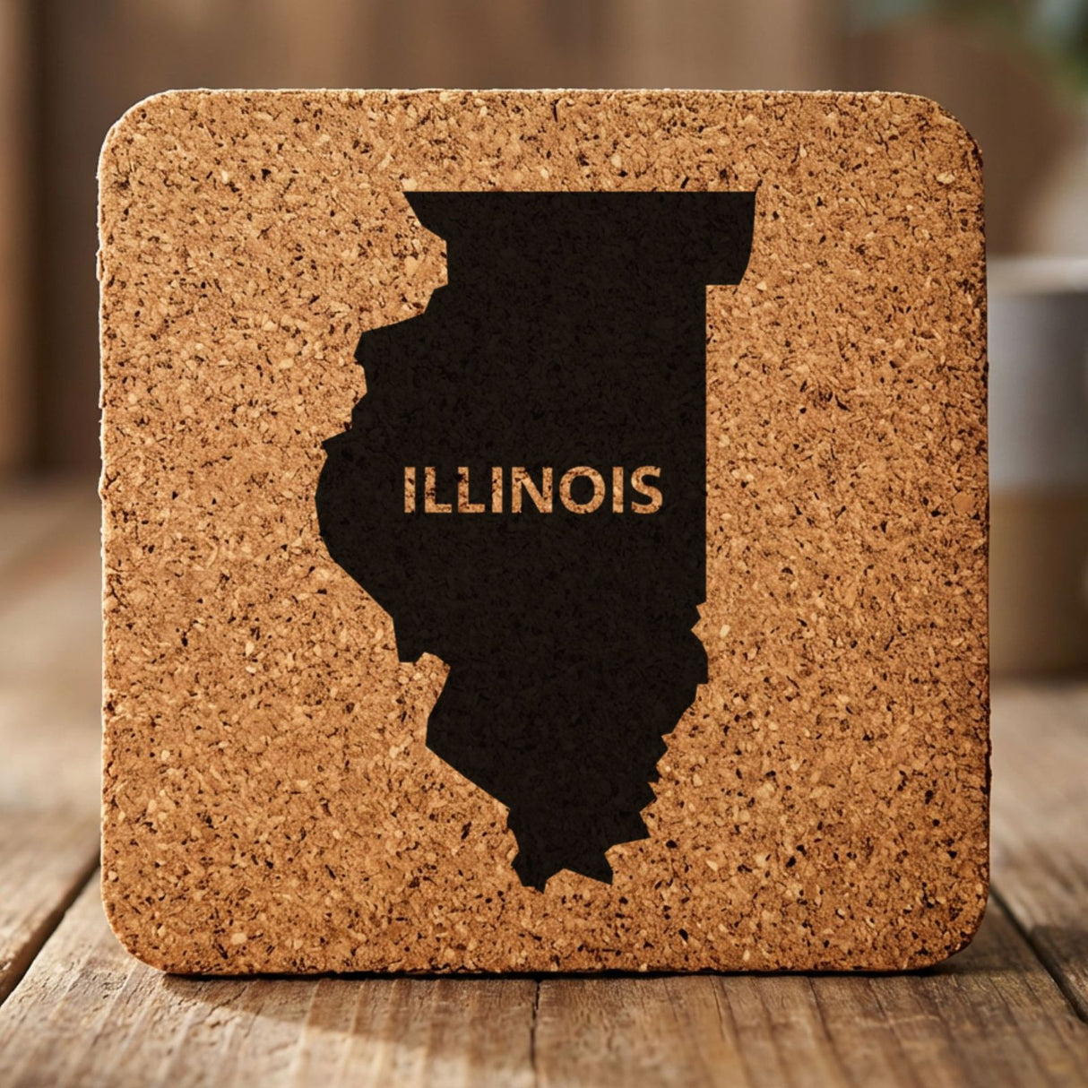 Illinois square cork coaster engraved with the state shape and ILLINOIS in bold lettering