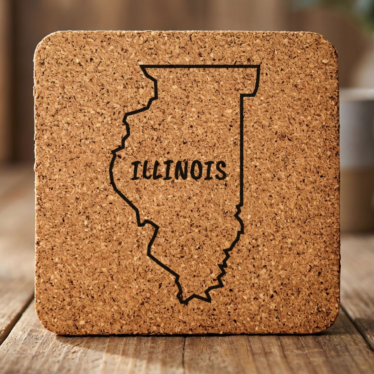 Illinois square cork coaster engraved with the state outline and ILLINOIS in hand-drawn brush lettering