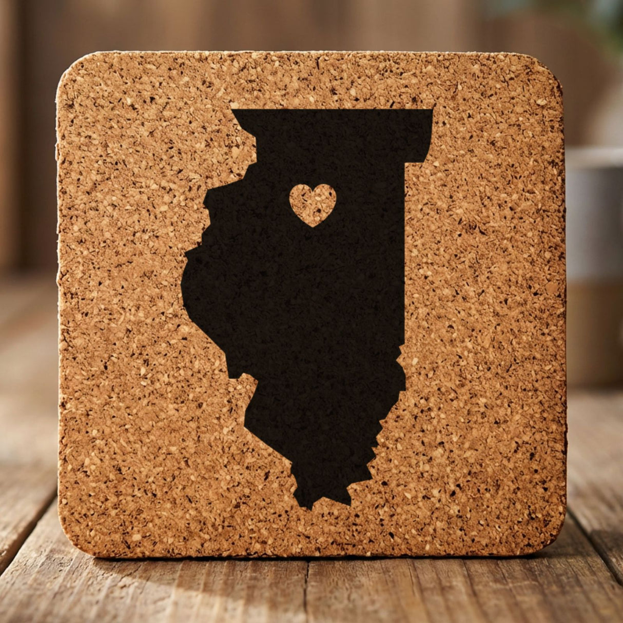 Illinois square cork coaster engraved with the state shape and a heart