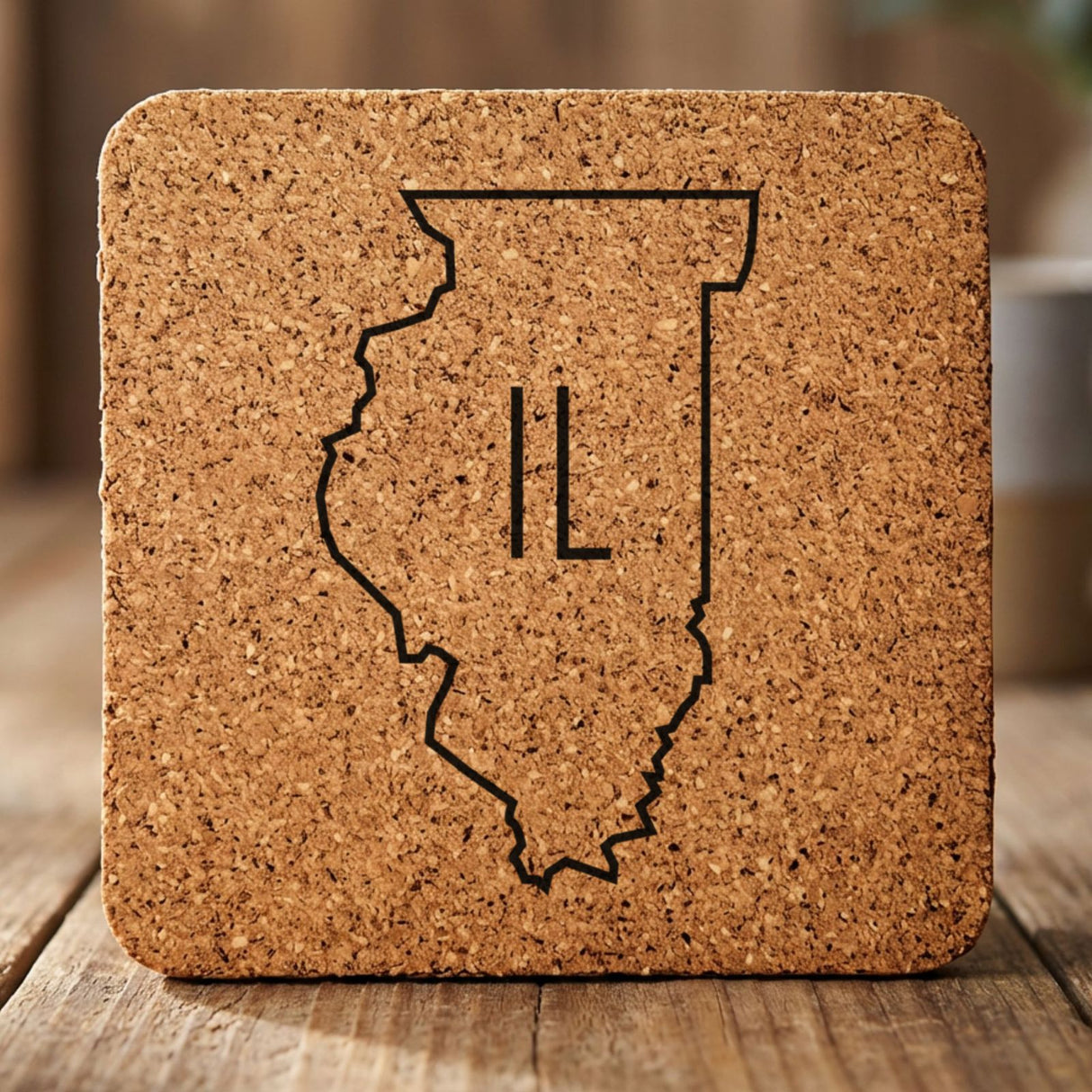 Illinois square cork coaster engraved with the state outline and IL initials