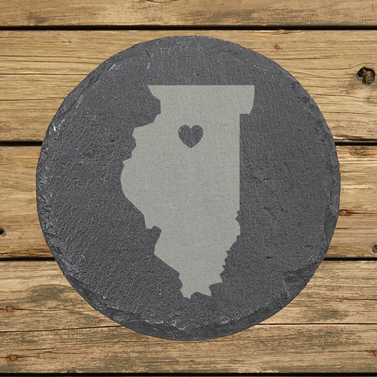 Illinois round slate coaster engraved with the state shape and a heart